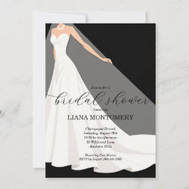 Elegant Wedding Dress on Black Bridal Shower Inbjudningar