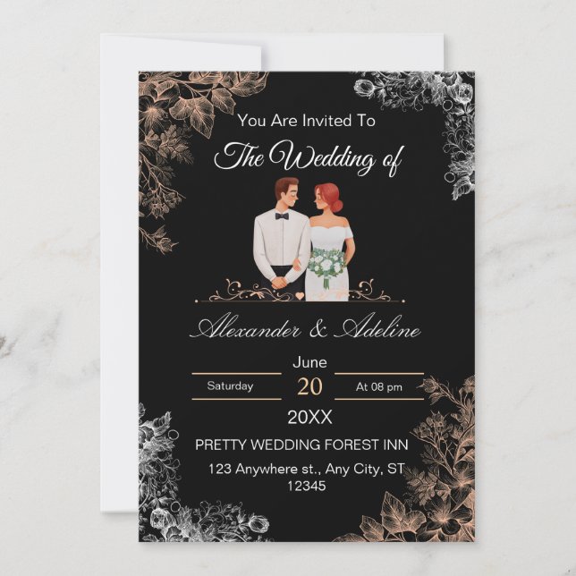 Elegant Wedding Invitation with Dark Floral  Inbjudningar (Framsida)