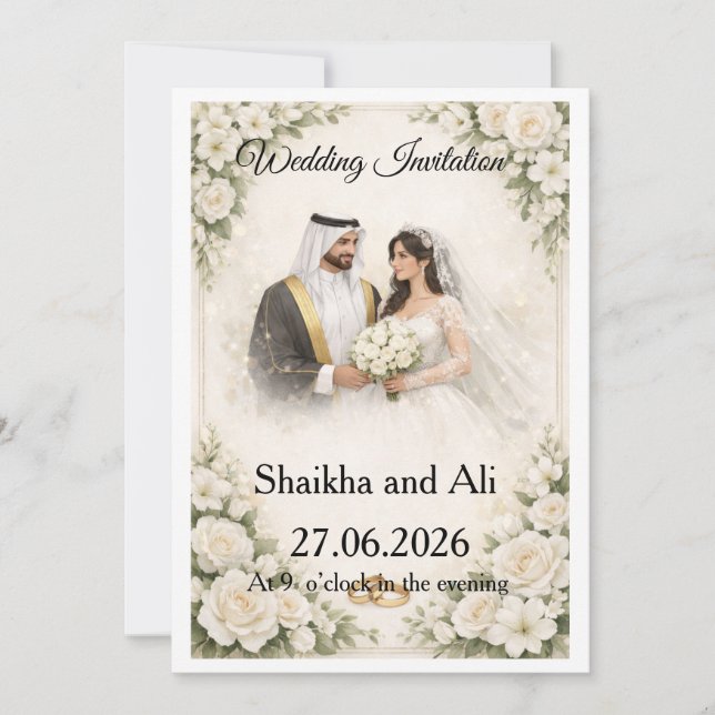 Elegant Wedding Invitation with White Flowers and  Inbjudningar (Framsida)