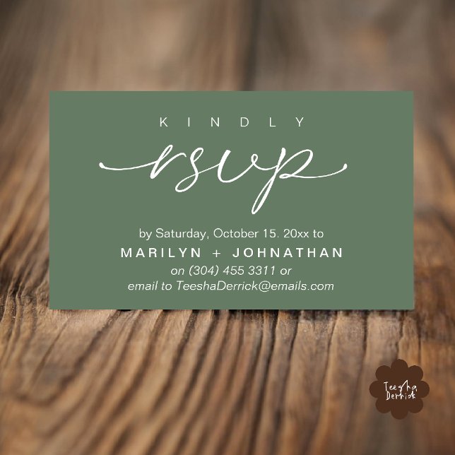 Elegant Wedding Invites RSVP via Phone or Email Tilläggskort (Elegant Wedding Invites RSVP via Phone or Email Card in forest sage green)