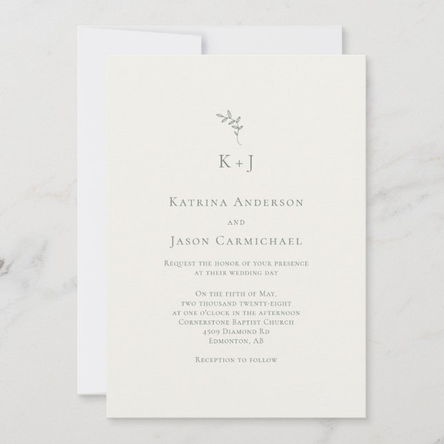 Elegant Wedding Minimal Sage Green Monogram Inbjudningar (Framsida)