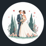 Elegant Wedding Moment Sticker Runt Klistermärke<br><div class="desc">Romantic illustration of a couple on their wedding day,  surrounded by hearts and floral designs,  perfect for wedding celebrations and love-themed decor.</div>