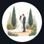 Elegant Wedding Moment Sticker Runt Klistermärke<br><div class="desc">Captures the serene and loving moment of a bride and groom holding hands amidst tall trees and fluttering petals.</div>