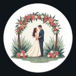 Elegant Wedding Moment Sticker Runt Klistermärke<br><div class="desc">Celebrate love and matrimony with this beautifully illustrated sticker showcasing a couple under a floral arch,  perfect for wedding decor and gifts.</div>