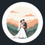 Elegant Wedding Moment Sticker Runt Klistermärke<br><div class="desc">Capture the timeless romance of a newlywed couple sharing a kiss on their special day with this beautifully illustrated sticker. Perfect for wedding memorabilia,  diary pages,  or greeting cards.</div>
