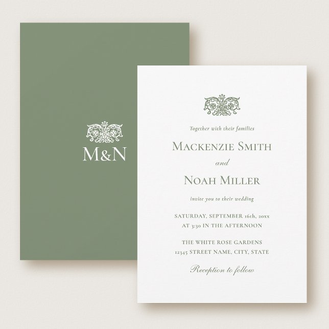Elegant Wedding Monogram Invitation Ornate Green Inbjudningar (Skapare uppladdad)