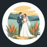 Elegant Wedding Portrait Sticker Runt Klistermärke<br><div class="desc">Capture the essence of love and tranquility with this charming illustration of a bride and groom standing by a serene landscape,  perfect for wedding celebrations and decor.</div>