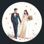 Elegant Wedding Sticker Runt Klistermärke<br><div class="desc">Romantic wedding sticker featuring a bride and groom holding hands,  surrounded by colorful hearts and vibrant flowers.</div>