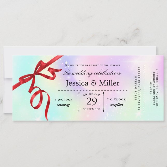 Elegant Wedding Ticket Invitation with Red Ribbon Inbjudningar (Framsida)