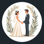Elegant Wedding Vow Sticker Runt Klistermärke<br><div class="desc">Express your love and commitment with this charming illustration of a bride and groom holding hands,  surrounded by floral arches. Perfect for wedding-themed decorations and heartfelt messages.</div>