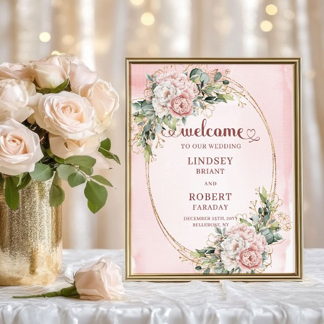 Elegant Wedding Welcome Blush Flowers Gold Glitter Poster (Elegant Wedding Welcome Blush Flowers Gold Glitter)