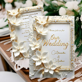 Elegant Wedding White Embossed Gold Diamond Flower Inbjudningar