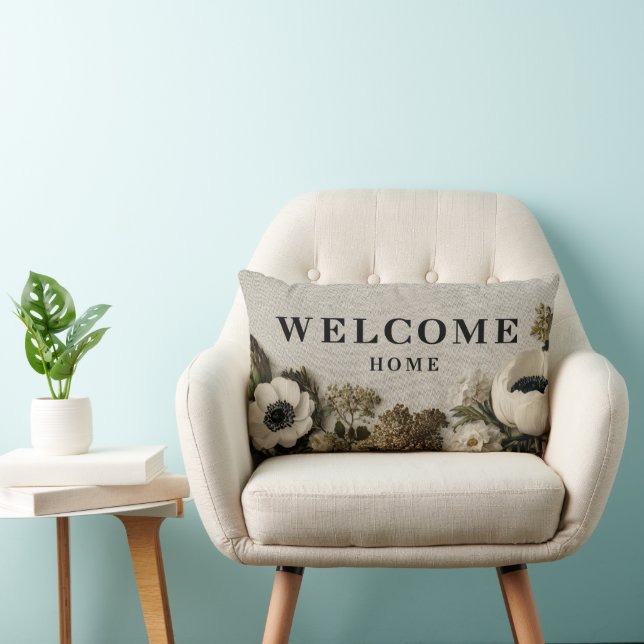 Elegant "Welcome Home" Hälsning med botanisk konst Lumbarkudde (Stol)