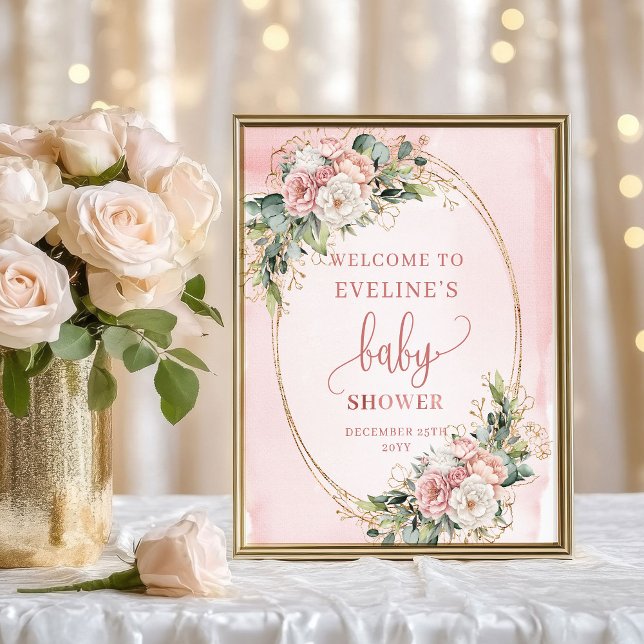 Elegant Welcome Rose Gold Floral Baby Shower Sign Poster (Elegant Welcome Rose Gold Floral Baby Shower Sign)