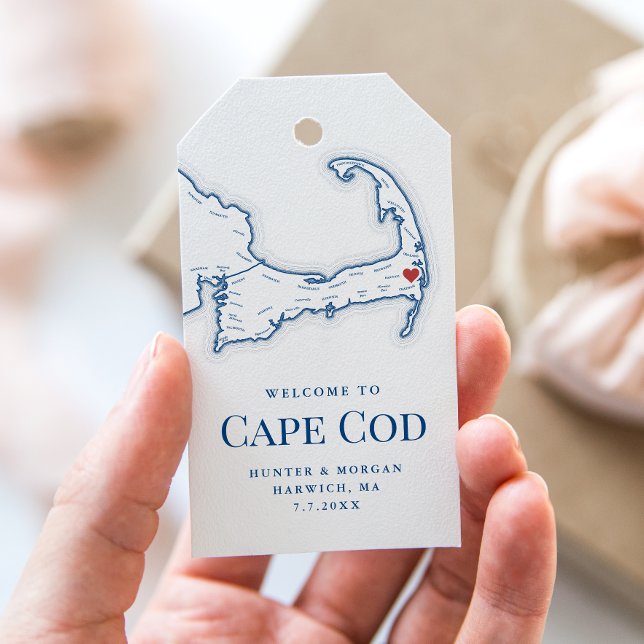 Elegant Wequassett Resort Bröllop Välkommen Presentetikett (Harwich MA Cape Cod Wedding Gift tag for an elegant navy blue wedding at Wequassett Resort)