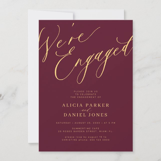 Elegant We're Engaged burgundy engagement party Inbjudningar (Framsida)