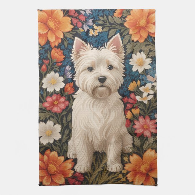 Elegant West Highland Terrier Färgrik Blomma Desig Kökshandduk (Vertikal)