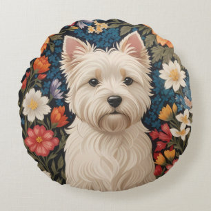 Elegant West Highland Terrier Färgrik Blomma Desig Rund Kudde