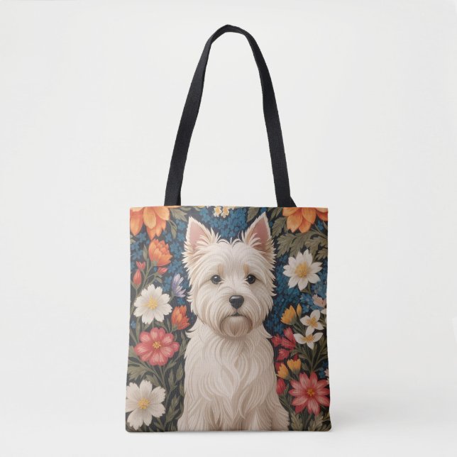 Elegant West Highland Terrier Färgrik Blomma Desig Tygkasse (Framsida)