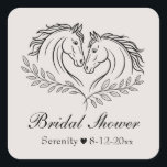 Elegant Western Land Rustic Möhippa Fyrkantigt Klistermärke<br><div class="desc">Fira den blivande bruden med denna romantiska möhippa-dekal med två graciösa hästar som bildar ett hjärta som symboliserar enighet och kärlek. Sätt in elfenbenskräm med svart elegant, det är perfekt för en rustisk land, gård eller Western möhippa. Vare sig du är värd i en lada eller i det öppna himmel,...</div>