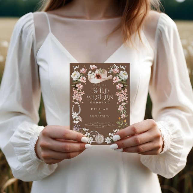 Elegant Western Watercolor Blommigt Cowboy Bröllop Inbjudningar (Elegant Western Watercolor Floral Cowboy Wedding Invitation (Front))