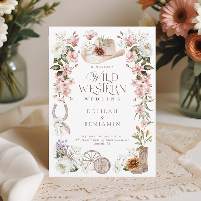 Elegant Western Watercolor Blommigt Cowboy Bröllop Inbjudningar (Elegant Western Watercolor Floral Cowboy Wedding Invitation)