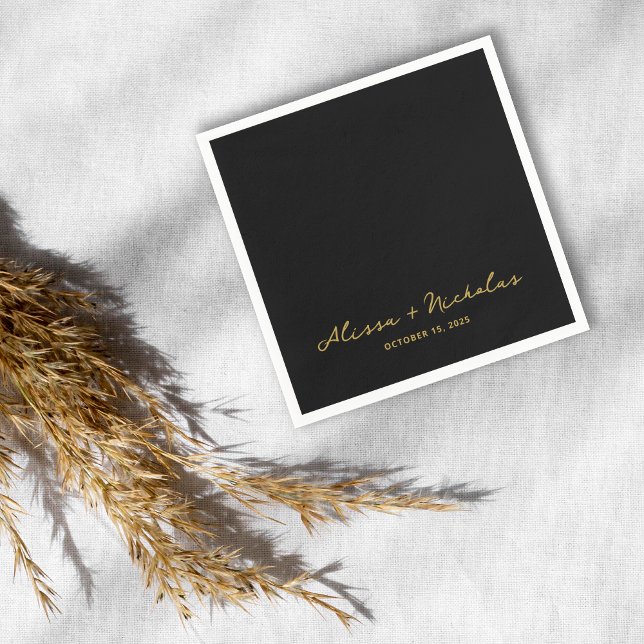 Elegant Whimsical Black och Guld Script Bröllop Pappersservett (Skapare uppladdad)