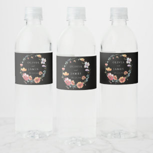 Elegant Whimsical Black Wildblomma Bröllop Vattenflaskor Etikett