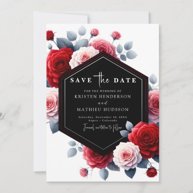Elegant Whimsical Crimson Red Bröllop Spara Datumet (Framsida)