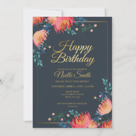 Elegant, Whimsical Flowers, Mörk blått, Guld accen Inbjudningar