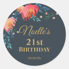 Elegant, Whimsical Flowers, Mörk blått, Guld accen Runt Klistermärke