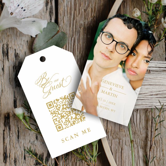 Elegant Whimsical Script Photo Qr Code Wedding Presentetikett (Skapare uppladdad)