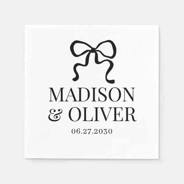 Elegant Whimsical Svart Bow Monogram Bröllop Pappersservett (Framsidan)
