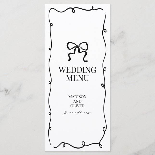 Elegant Whimsical Svart Flitig Monogram Bröllop Meny (Framsida)
