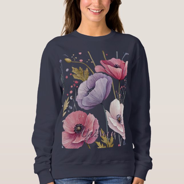 Elegant Whimsical Watercolor Poppies Botanical T Shirt (Framsida)