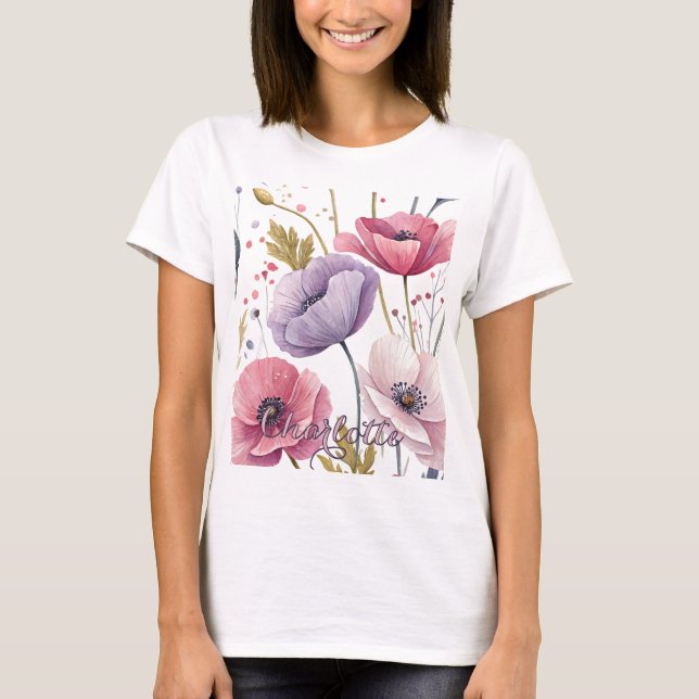 Elegant Whimsical Watercolor Poppies Botanical T Shirt (Framsida)