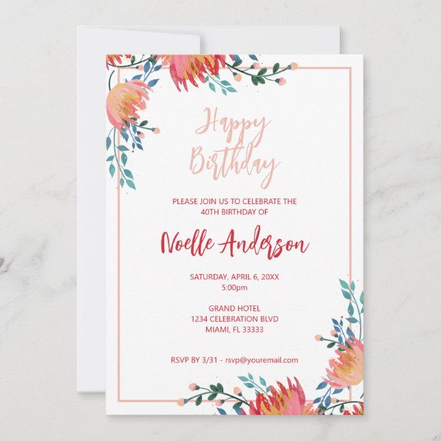 Elegant, Whimsique Flowers Birthday Inbjudningar (Framsida)