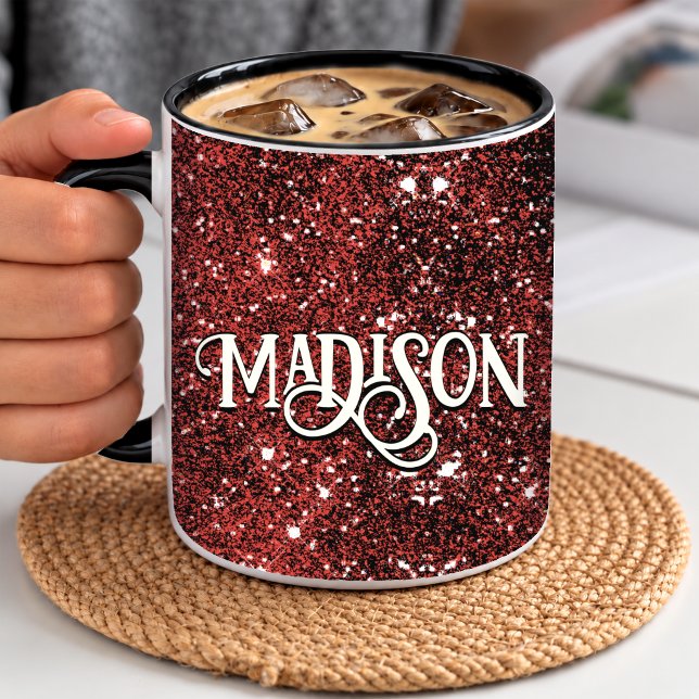 Elegant whimsisk röd svart glittermonogram  mugg (Skapare uppladdad)