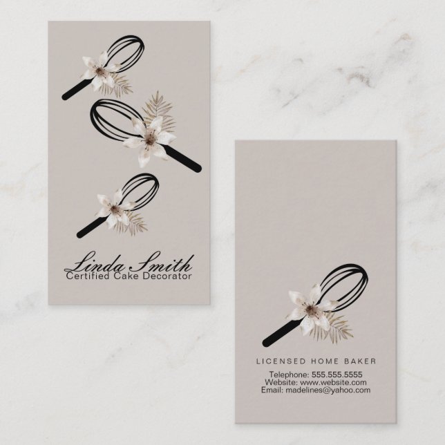 Elegant Whisk White Floral Bageri Visitkort (Fram/baksida)