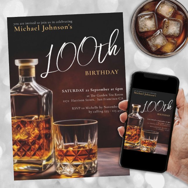 Elegant Whiskey 100:e Födelsedagsfesten Inbjudningar (Elegant 100th Birthday Whiskey Themed Classy Party Invitation)