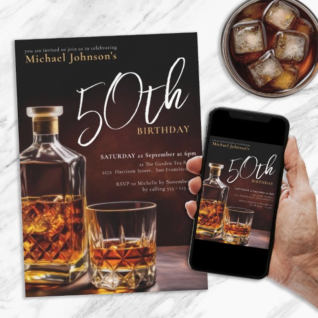 Elegant Whiskey Black Guld 50:e födelsedagen Inbjudningar (Elegant 50th Birthday Whiskey Black Gold Invitation)