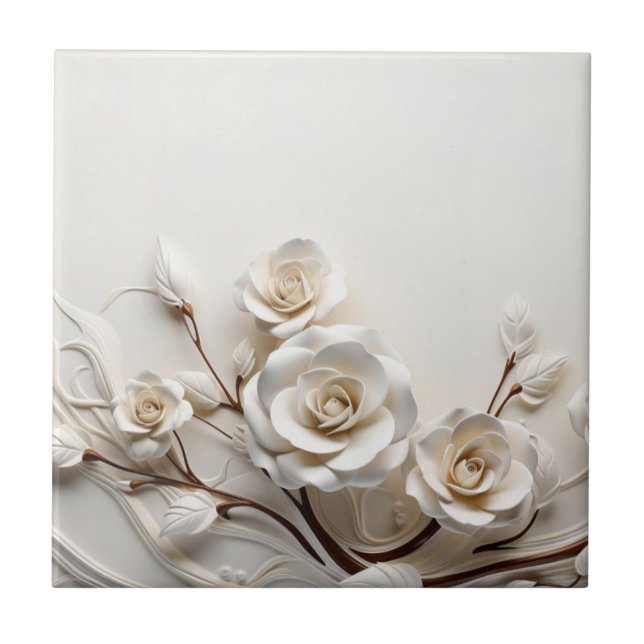 Elegant White 3D Roses Kakelplatta (Framsidan)