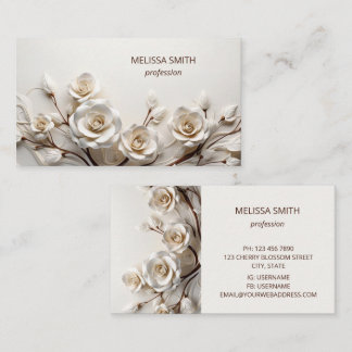 Elegant White 3D Roses Visitkort