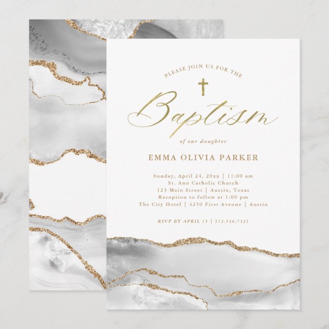 Elegant White Agate med Guld Kor | Baptism Inbjudningar (Fram/baksida)