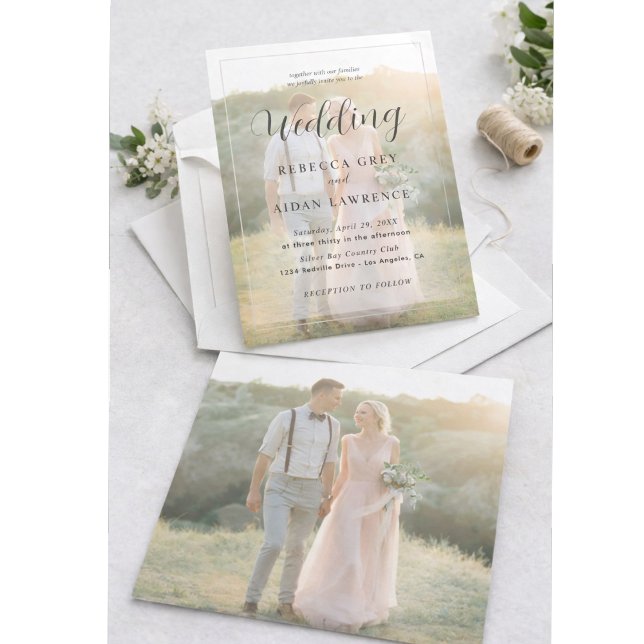 Elegant White and Black Gold Border Photo Wedding Inbjudningar (Skapare uppladdad)