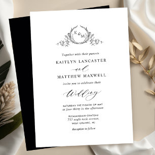 Elegant White and Black Monogram Bröllop Inbjudningar