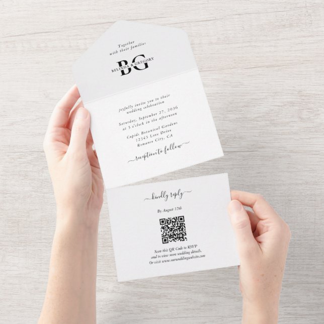 Elegant White and Black Monogram Initialer Bröllop (Tearaway)