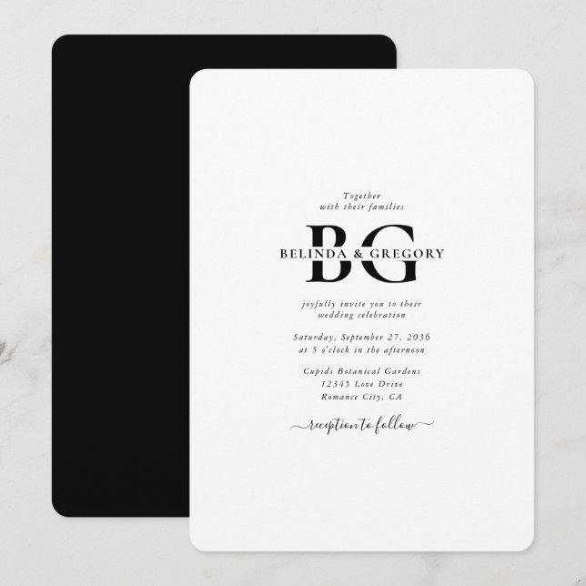 Elegant White and Black Monogram Initialer Bröllop Inbjudningar (Fram/baksida)