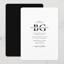 Elegant White and Black Monogram Initialer Bröllop Inbjudningar