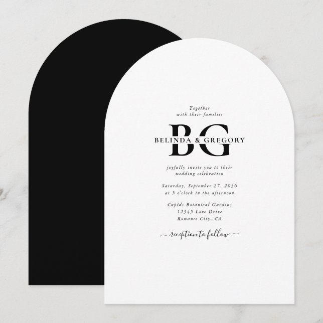 Elegant White and Black Monogram Initialer Bröllop Inbjudningar (Fram/baksida)